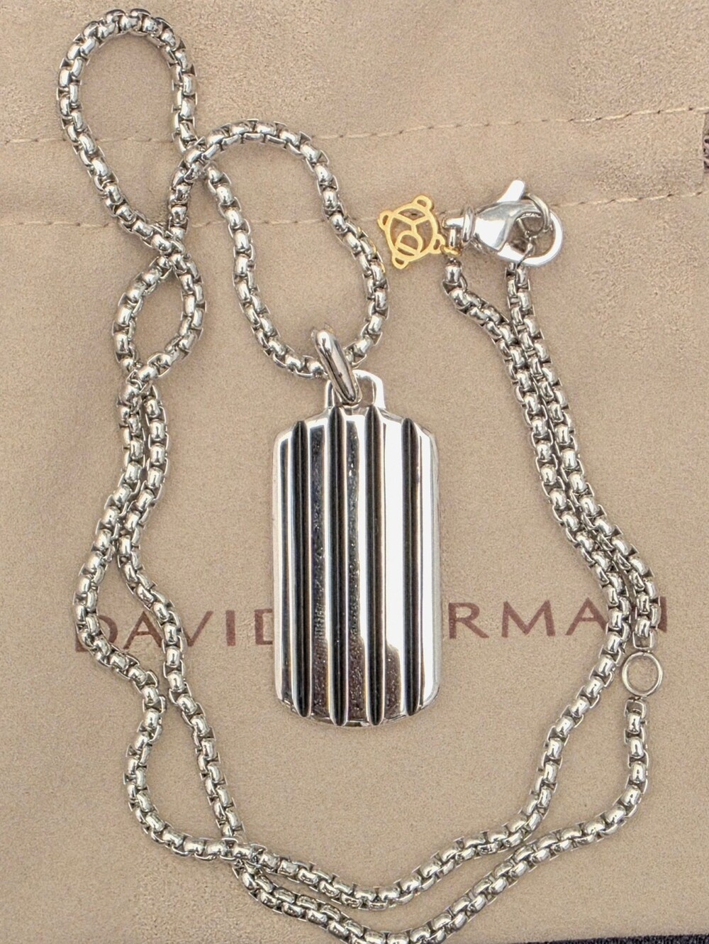 David Yurman Silver Ribbed Dog Tag Pendant Necklace with Gold Accent
